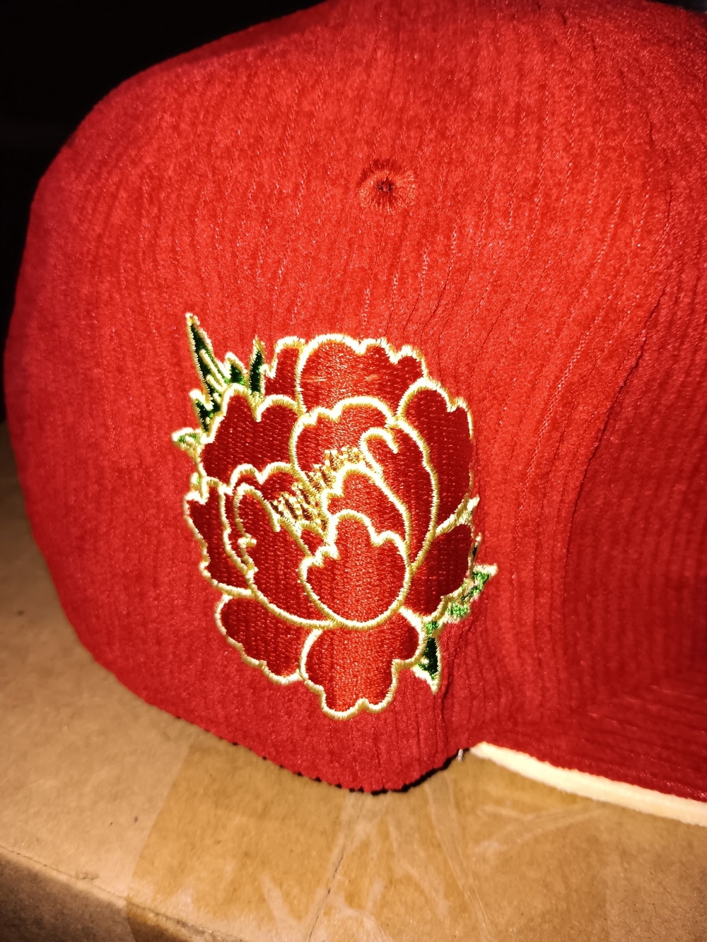 Aaliyah Red and Gold Corduroy Snapback Hat - Picture 2 of 3